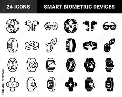 Wearable technology icon set featuring hybrid biometric sensors smart glass electronic watch and health monitoring device in dual line and solid style