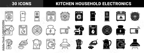 Smart Home Appliance Hybrid Icons Featuring Integrated Symbols Like Washing Machine with Leaf and Oven with Flame in Line and Solid Styles