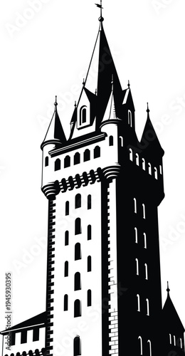 Majestic medieval castle tower with intricate architectural details and pointed spires