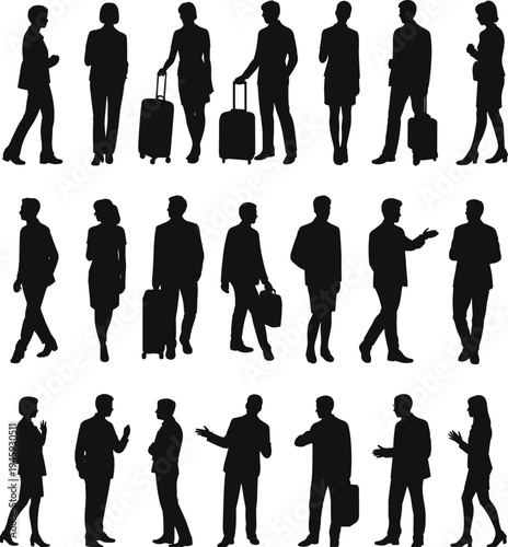 Business silhouettes of men and women in corporate attire, walking with suitcases, commuting, workplace diversity, professional travel, office communication, teamwork illustration