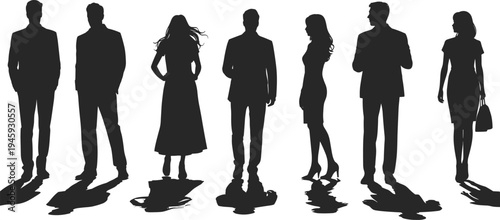 Diverse silhouettes of seven professional men and women in formal and semi-formal attire, individuality, teamwork, corporate diversity, office communication, modern workplace illustration