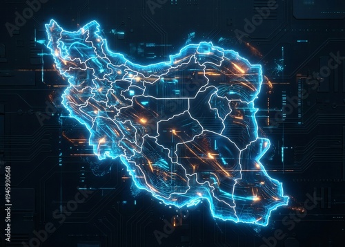 Futuristic iran map outlined in neon blue light suitable for technology, innovation, middle east, geography, data visualization, and futuristic concepts.