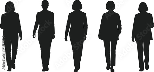 Five business silhouettes of men in corporate attire walking forward, professional gait, office attire, workplace diversity, career success, motion illustration concept