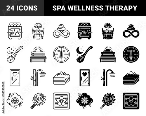 Wellness and Sauna Culture Symbols Featuring Hybrid Designs of Traditional Spa Elements Combined with Zen Concepts and Natural Therapy Motifs