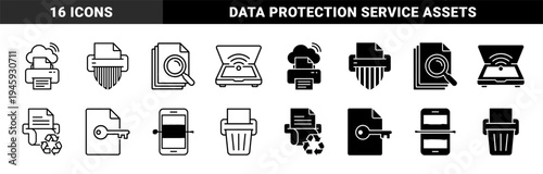 Hybrid document management and data security icons featuring cloud printing shredding paper recycling and encrypted file storage in outline and solid styles
