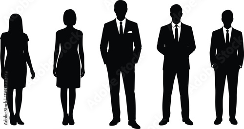 Five business silhouettes of professional men and women in corporate attire, suits and dresses, workplace diversity, office posture, leadership, teamwork illustration