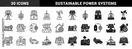 Sustainable energy hybrid icons merging renewable sources with grid infrastructure including solar power wind turbine hydroelectric and geothermal systems
