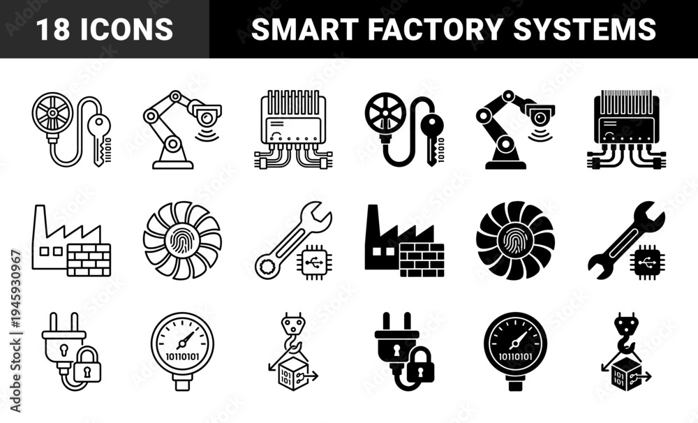 Fototapeta premium Industrial Cybersecurity and Smart Manufacturing Hybrid Icon Set Featuring Encrypted Tools Factory Firewalls and Biometric Ventilation Systems