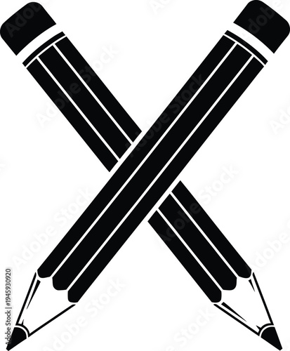 Two crossed black pencils with erasers and sharpened tips against a plain background