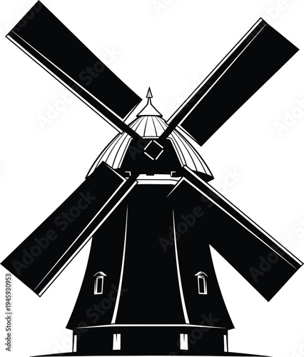 Traditional windmill with four large blades and a conical roof structure