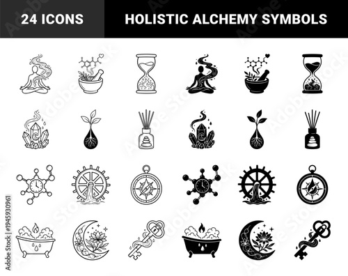Black and white spiritual wellness symbols merging holistic healing elements with mystical geometry including alchemy mortar and hourglass time concepts