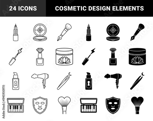 Hybrid beauty and cosmetics conceptual symbol collection featuring creative merges like skyscraper lipstick and compass powder compact designs