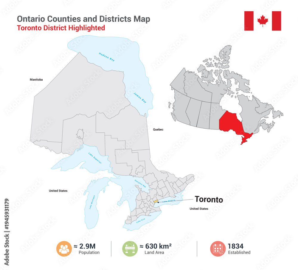 Fototapeta premium Toronto district highlighted on ontario counties and districts map 