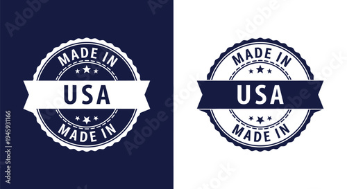 Vector graphic illustration of two patriotic made in usa rubber stamp emblems for product labeling design