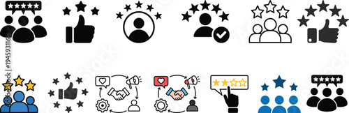 Set of five stars customer review and rating icon. Contains feedback, satisfaction, experience, quality, comment, response, testimonials for service, support, survey, hotel, security, skill - vector