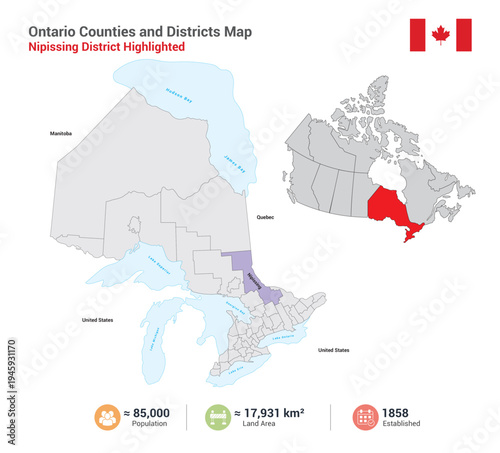 Ontario counties and districts map with nipissing district highlighted 