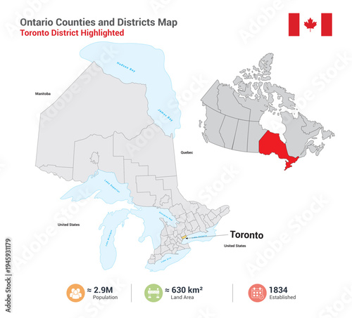 Toronto district highlighted on ontario counties and districts map 