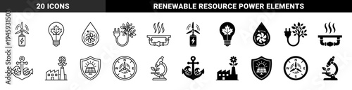 Sustainable energy and green technology icons featuring hybrid designs of wind turbines with batteries light bulbs with maple leaves and leaf power plugs