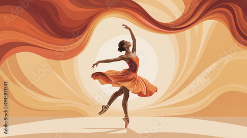Elegant ballerina dancing in warm orange dress with flowing fabric background conveying joy and freedom in a beautiful dance scene