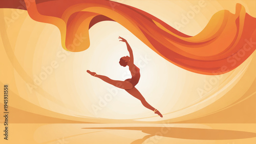 Dancer in mid leap with flowing fabric against warm orange background expressing freedom and joy in a dynamic movement