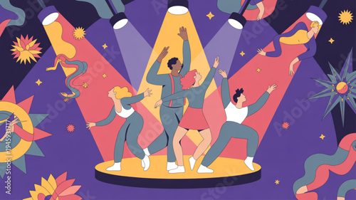 Diverse group of people dancing on stage under colorful spotlights at a lively party with confetti and stars