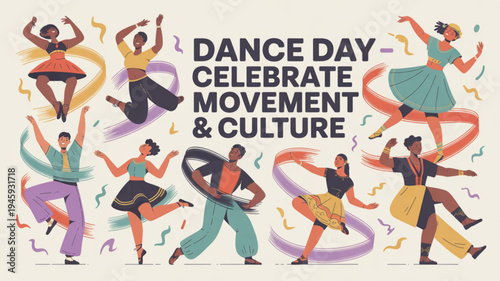Diverse dancers celebrate movement and culture on dance day with colorful confetti