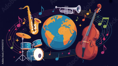 Vibrant illustration of musical instruments and globe with music notes on dark background symbolizing global music culture and harmony
