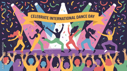 People dancing on stage celebrating international dance day with confetti and spotlights