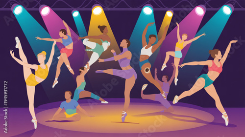 Diverse group of dancers performing on stage with colorful spotlights dynamic movements and poses energetic and lively atmosphere dance performance theater entertainment colorful