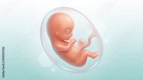 Fetus developing inside amniotic sac in a medical illustration  