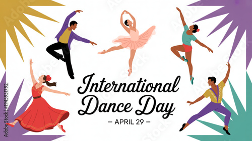 Dancers celebrate international dance day on april 29 with vibrant movements and colorful costumes in a lively illustration