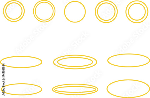 Collection of geometric shapes featuring circles and ellipses in a yellow outline format. Vector