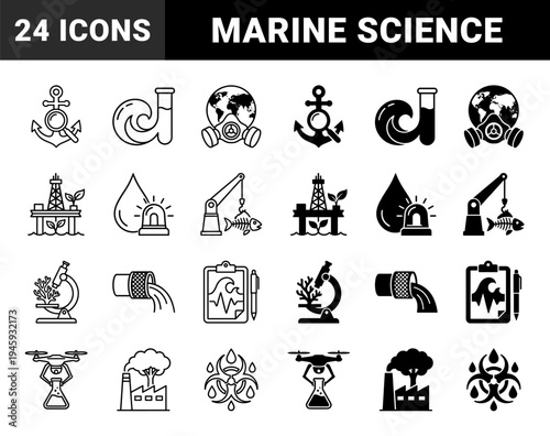 Marine Pollution and Environmental Science Hybrid Icons featuring Ocean Research Laboratory Equipment and Ecological Contamination Symbols
