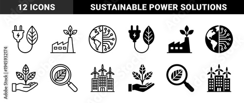 Sustainable energy and eco technology hybrid symbols featuring electric plug leaves solar battery storage and green factory buildings in line and solid style