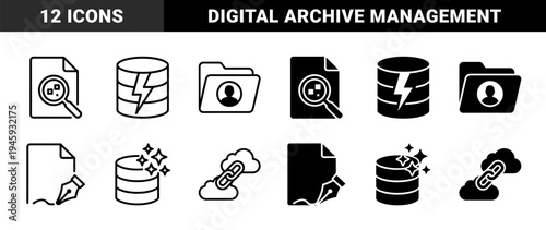 Hybrid data management and document processing icons featuring database storage with lightning bolts and magnifying glass search symbols