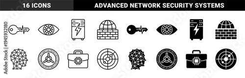 Cybersecurity and Data Protection Hybrid Icon Set Featuring Biometric Iris Scan Network Firewall Encryption Key and Neural Intelligence
