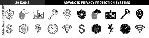 Biometric identification hybrid icon set featuring fingerprint and DNA integration with security shields surveillance eyes and facial recognition