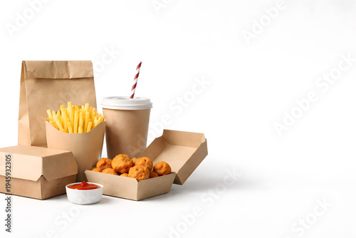 Fast food meal with fries drink nuggets and paper packaging