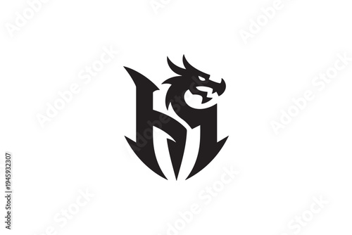 Dragon head symbol logo design featuring bold uppercase h and downward arrows