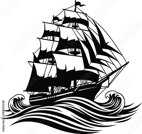 A majestic old sailing ship braving the turbulent waves at sea.