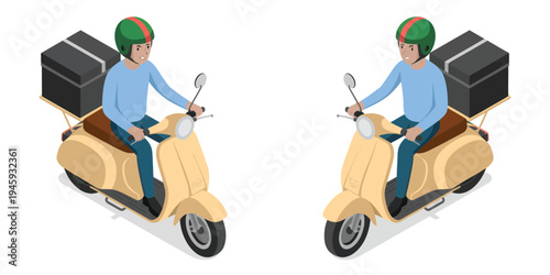 Delivery Person on Scooter Isometric Illustration with Bright Clean White Background Vector Graphic for Online Delivery Services.