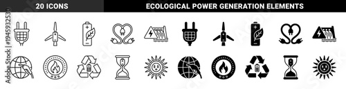Black and white hybrid icons representing renewable energy concepts like solar power plug wind turbine battery leaf and recycling hourglass