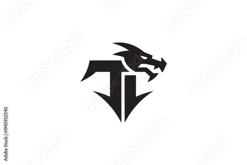 Dramatic black dragon head integrated with bold angular design logo symbol