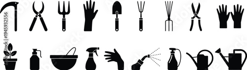 Collection of black silhouette representing various gardening tools and supplies including shovels rakes watering cans and gloves