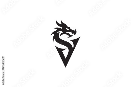 Dramatic black dragon head integrated with stylized letter v logo design