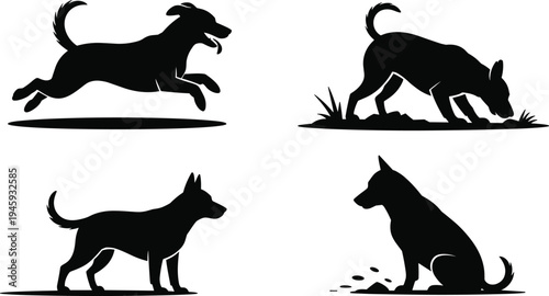 Collection of black dog silhouettes in various playful and alert poses against a clean white background showcasing different canine activities