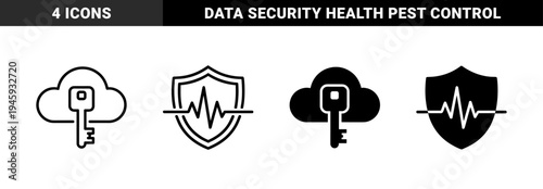 Hybrid security and maintenance symbols merging cloud encryption keys with medical heartbeat shields and pest control recycling bins in dual styles