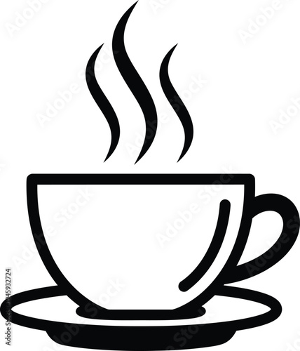 A steaming cup of coffee placed on a saucer with rising vapor curls above it
