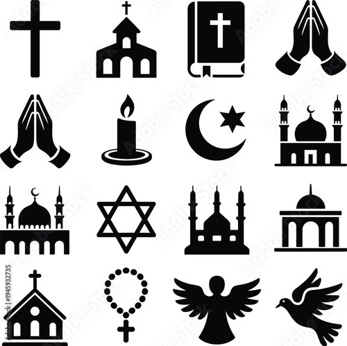 Collection of religious symbols including Christian churches crosses Bible praying hands candle Islamic mosques Star of David rosary angel dove