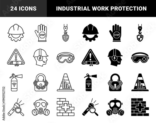 Industrial Safety and Occupational Health Hybrid Line Icons Merging Protective Gear with Compliance Symbols for Construction and Engineering